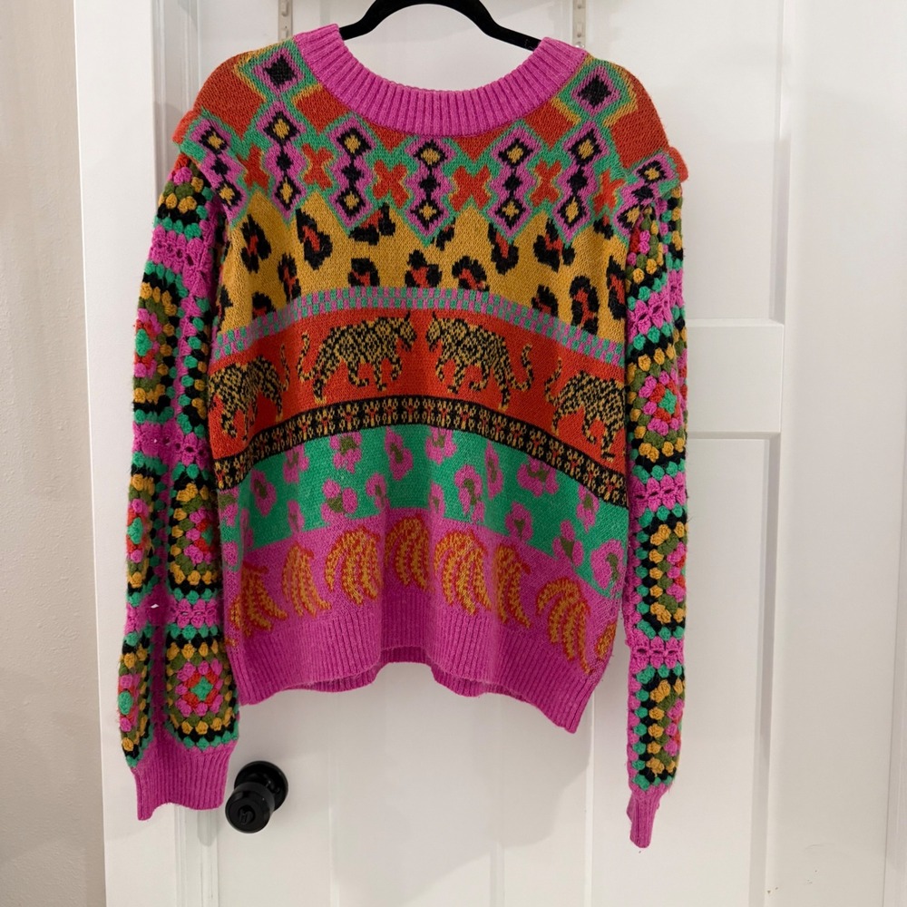 Farm Rio Ainika Leopard Crochet Sleeve Knit Sweater Pink XL Boho Maximalist